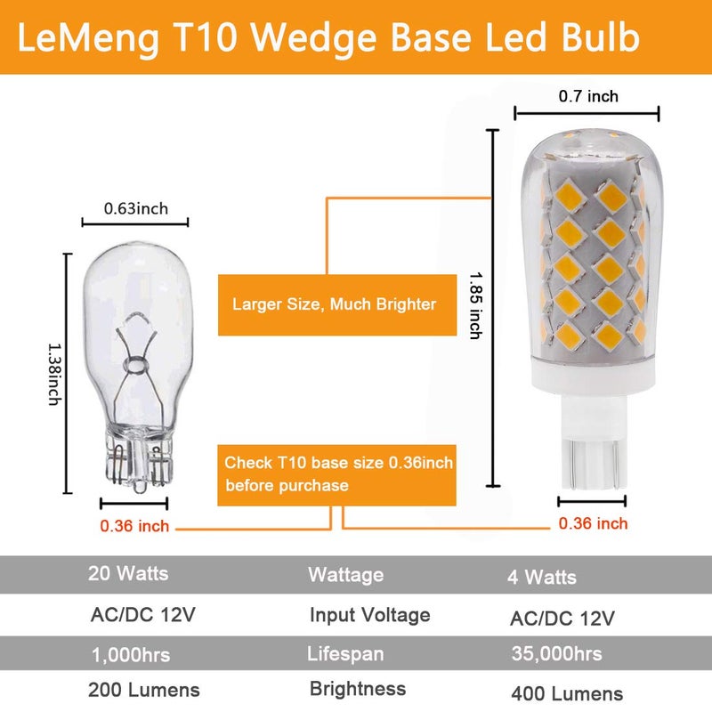 LEMENG لمنج 4 واط T10 قاعدة وتد RV 921 لمبة LED 12 فولت AC/DC منظر مالibu، سيارات، مقطورات، منزل متنقل، قوارب بحرية إضاءة قبة 6000 كيلفن ضوء النهار - عبوة من 5 - Image 2